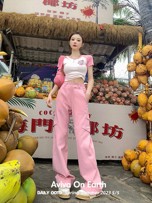 [Earth Store 04/13 New Product] Pink High Waist Straight Leg Lace Overalls Women's Summer All-Match Casual Pants