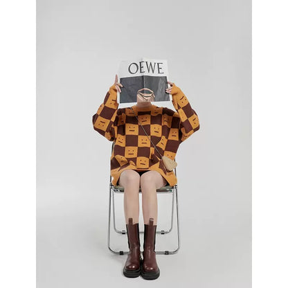 LLL LAB/Hong Kong flavor retro chic top autumn checkerboard smiley knitted pullover high-quality super nice sweater 1643