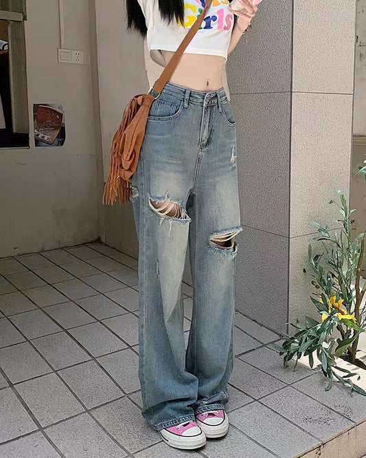 Kumi Kumi retro washed ripped pants loose jeans women summer high waist wide leg mopping pants long pants tide 2845