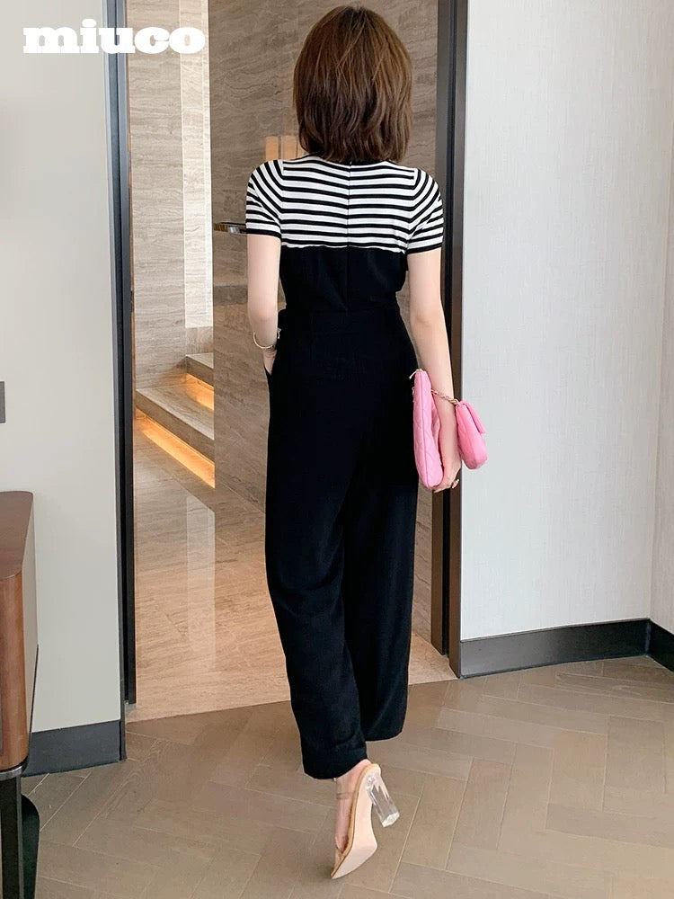 miuco temperament striped stitching belt waist cover meat thin straight jumpsuit women's 2022 summer new