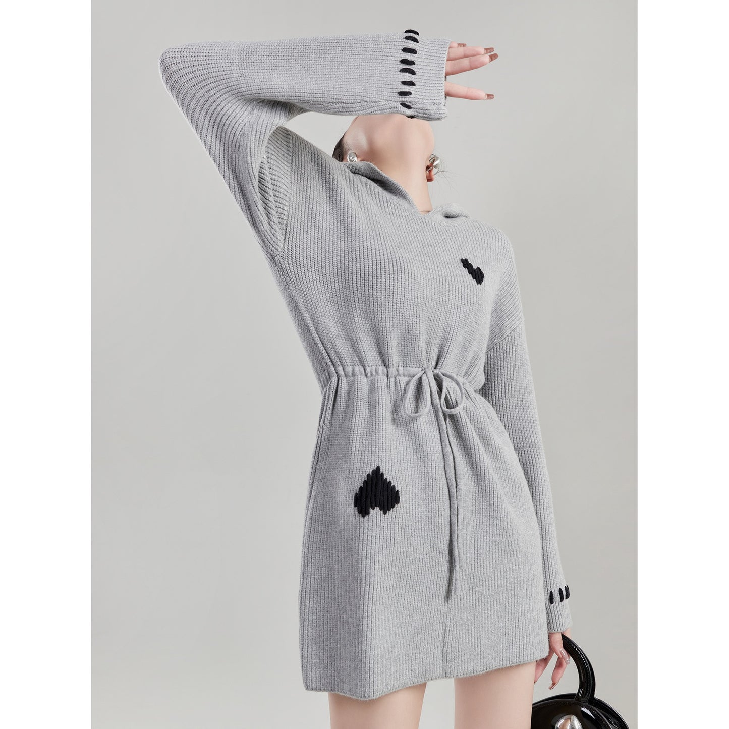 LLL LAB/ Knitted Dress Gray Hooded Waist Belt Black Love Gentle Tea Tea Air Small Skirt