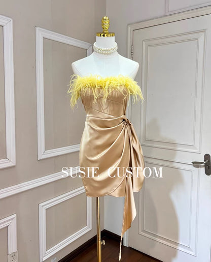 Customized figure-flattering off-the-shoulder strapless feather-stitched satin pleated hip-packed streamer dress