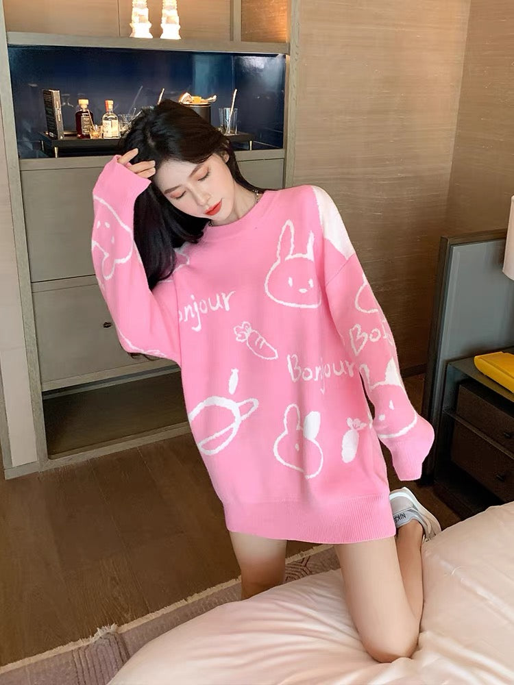 Artistic raw milk sweater women's pink Korean style loose pullover long-sleeved top autumn and winter mid-length small fragrance style knitted sweater