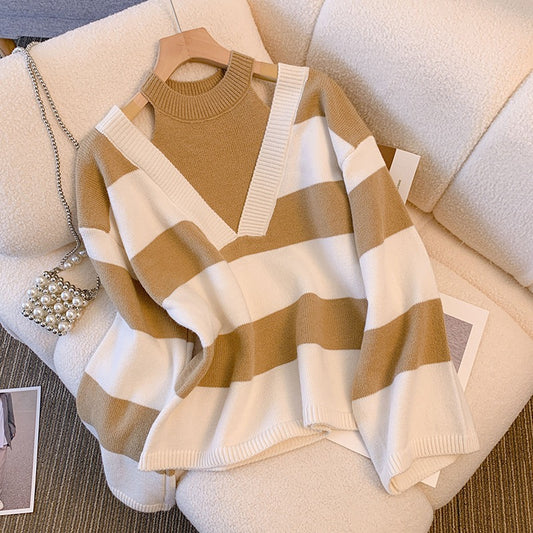 2022 autumn and winter new loose striped off-the-shoulder design soft waxy fake two-piece pullover sweater sweater women's top