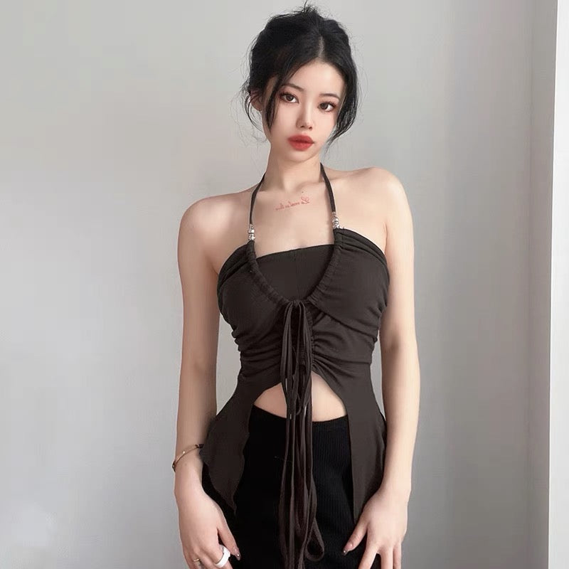 DARLINGAGA design sense stitching folded straps hanging neck small sling women's short irregular waist vest trend