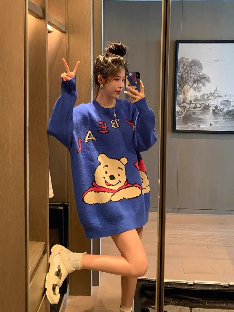 Tide brand cartoon bear sweater women's loose outer wear mid-length Korean style autumn and winter pullovers all-match western style knitted sweaters