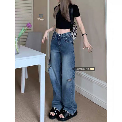 kumikumi blue jeans loose wide leg ripped pants summer raw edge straight pants high waist mopping pants women 2221