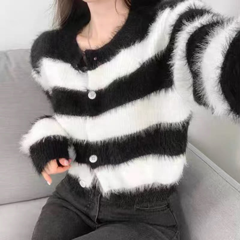 Korean chic autumn and winter retro temperament round neck single-breasted color striped mohair long-sleeved knitted sweater women's