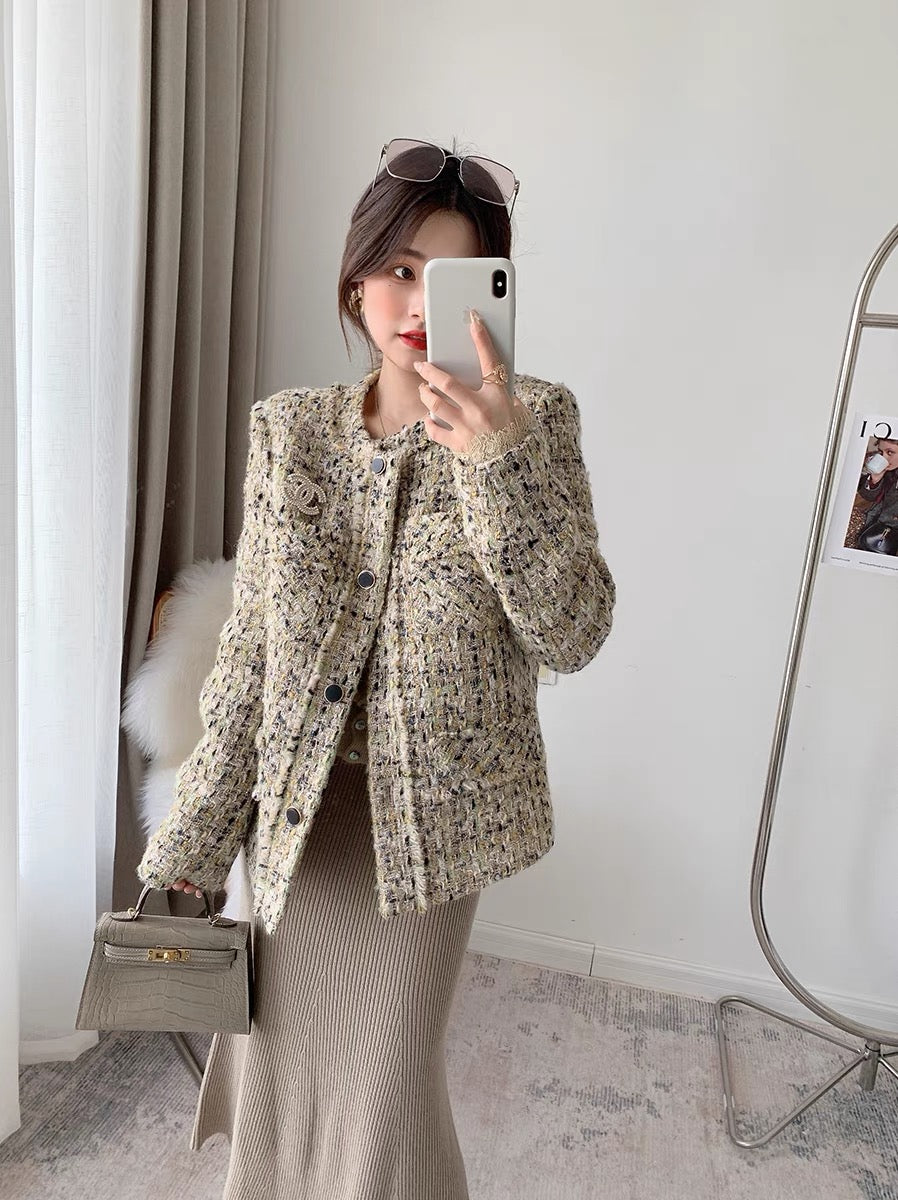 CHICROOM small fragrance coat women's autumn and winter round neck temperament retro short small thick tweed coat