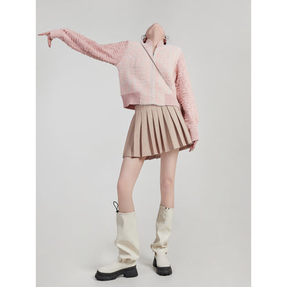 LLL LAB/Pink Sweater French Small Fragrance Stand Collar Zipper Soft Waxy Short Section Female Gentle Versailles Top