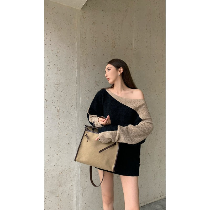 Xiaoxi/Xiao Department 2023 autumn and winter new Korean style color-blocking knitted sweater women's lazy loose mid-length sweater