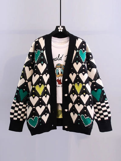 Beaded love design sweater jacket women's spring 2022 new style lazy style loose western style knitted cardigan