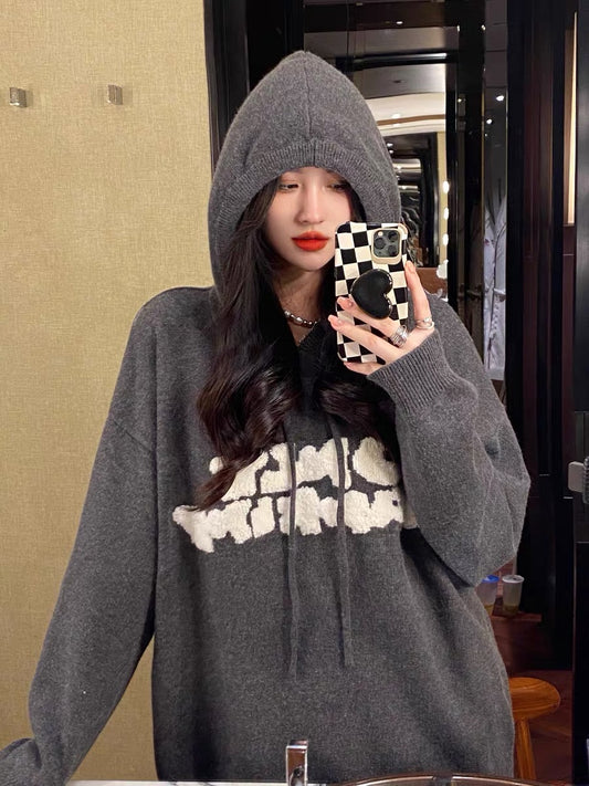 American gray hooded sweater women's autumn new embroidered loose mid-length BF style lazy long-sleeved coat top