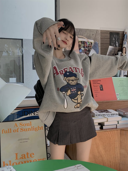 Hong Kong-style American retro cartoon print round neck sweater women's autumn mid-length loose and lazy gray long-sleeved top