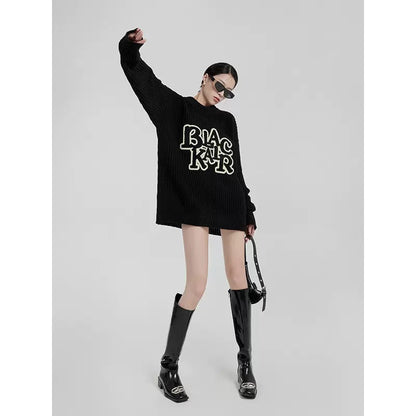 LLL LAB / high-end super good-looking sweater loose and lazy style letter hollowed out early autumn design sweater black 1646