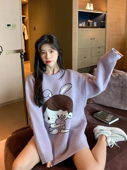 Soft waxy lavender cartoon cute knitted sweater 2022 early autumn new top loose Korean version sweater women's mid-length