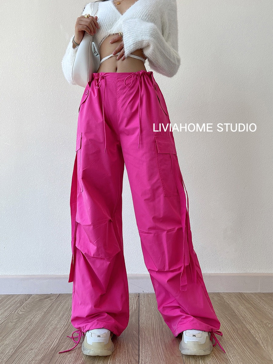 liviahome eye-catching pink overalls European and American hot girls street fashion high waist casual loose wide-leg pants women