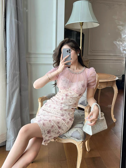 European station sweet French romantic dress waist female summer retro lady temperament chiffon age-reducing floral skirt