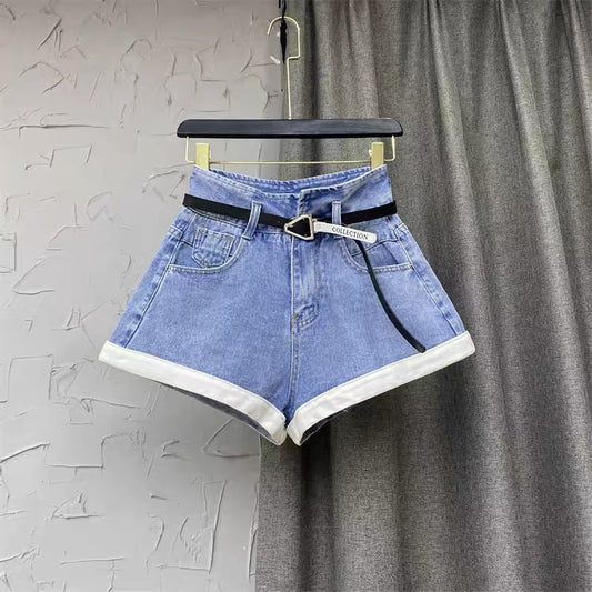 Black design hot girl contrast color edge denim shorts women's autumn 2022 new Korean version of the high waist A-line hot pants trend q128