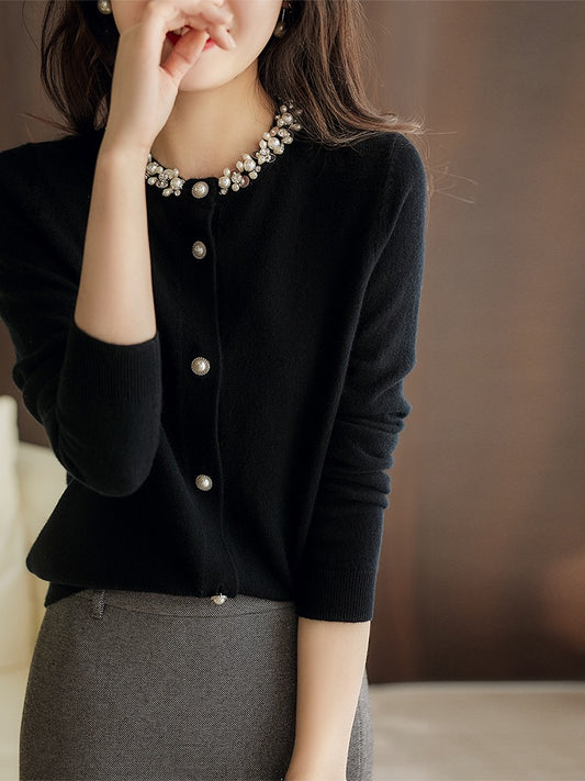 の[ZWL362005VG]Xiaohan Pavilion [spot] pure hand-made beaded slim wool cashmere sweater