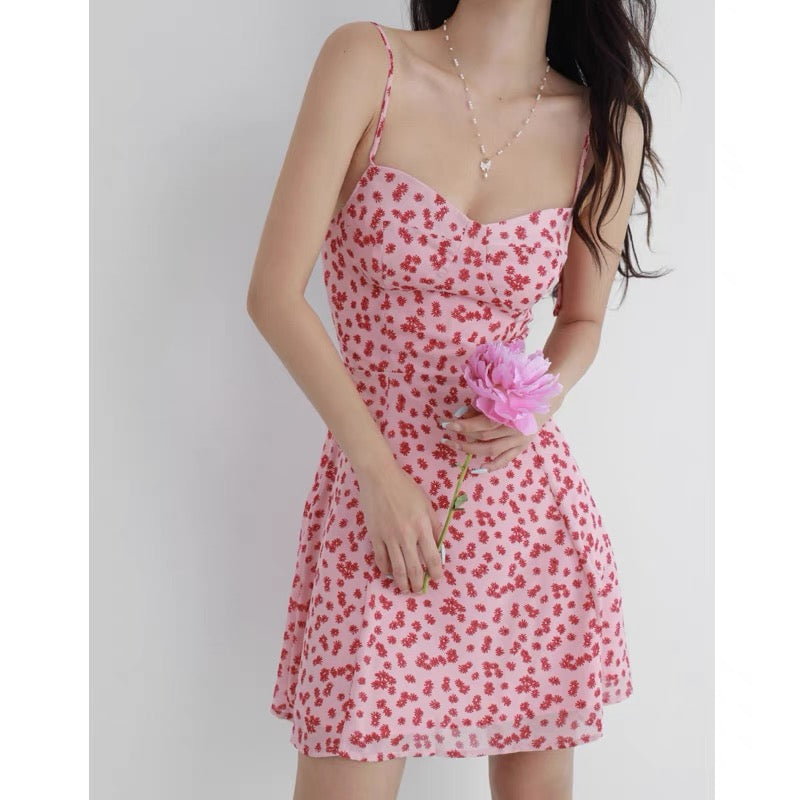 French fresh girl V-neck slim slim pink floral skirt waist wrap chest lace suspender dress short skirt