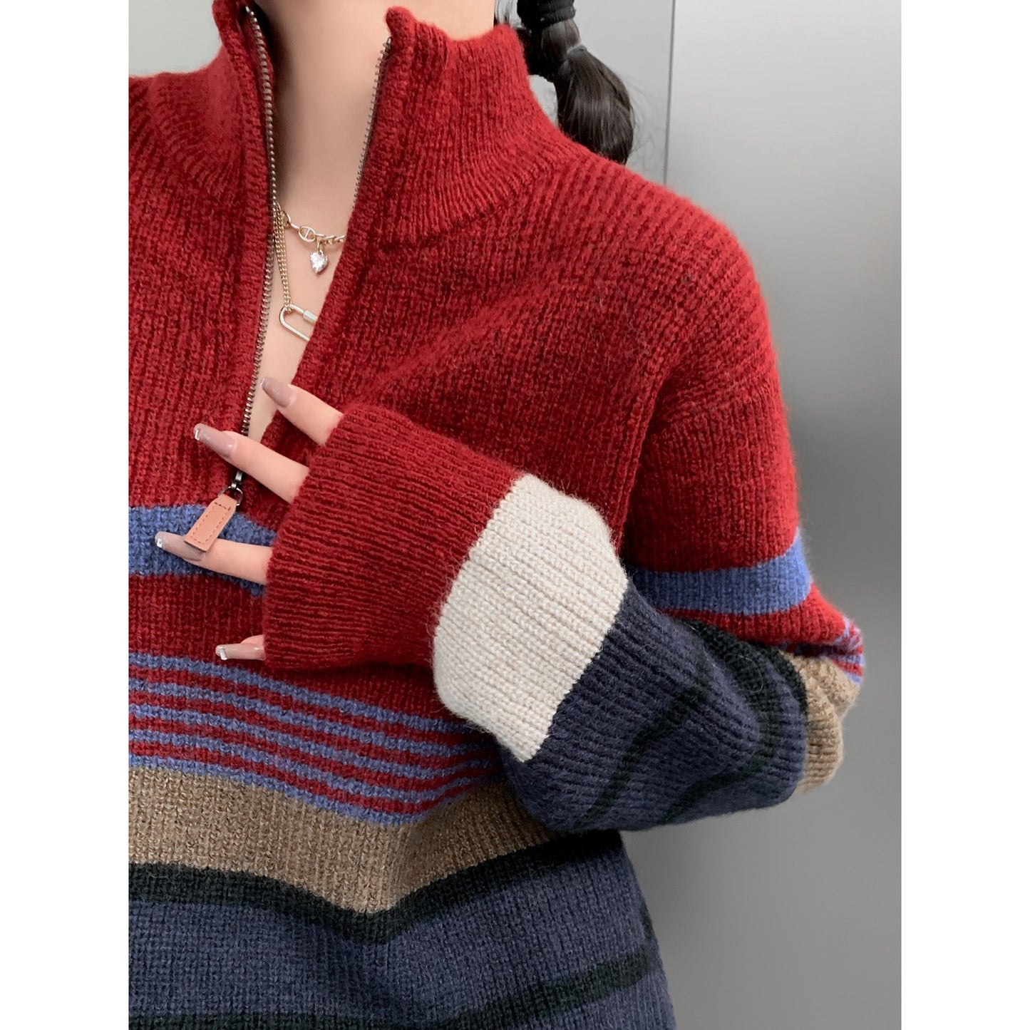 LLL LAB/This year's popular sweater retro striped knitted stand collar high-quality Hong Kong-style chic top