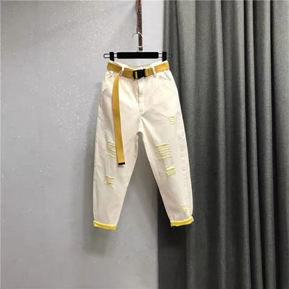 Candy contrast color harem pants nine points jeans 2022 autumn women's new loose ripped light green casual pants W145