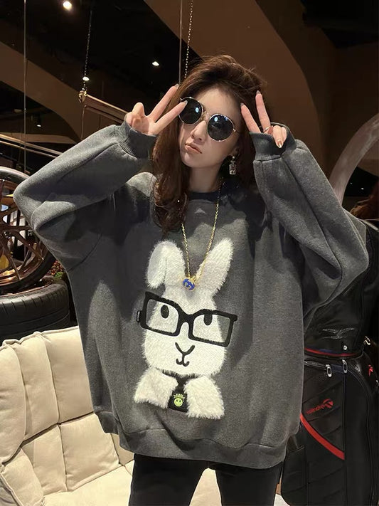 Loose and lazy style gray rabbit sweater plus velvet women's autumn and winter 2022 new European goods niche design top trend