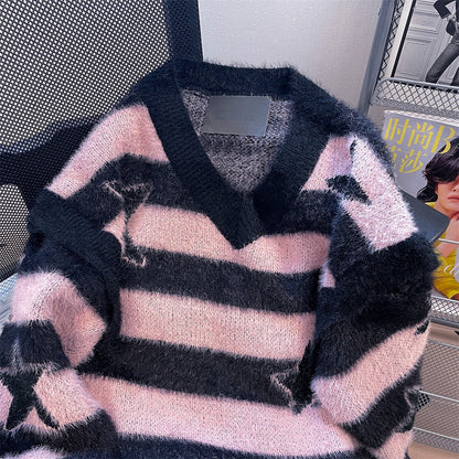 American retro design sense niche star striped v-neck sweater women's detachable sleeves mohair knitted top