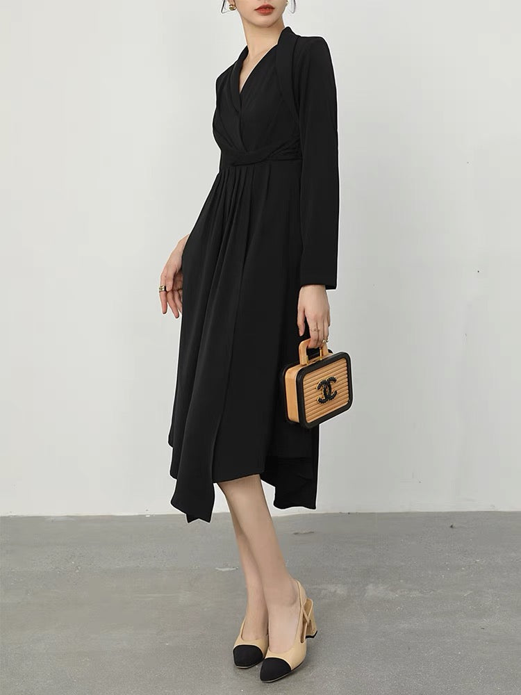 WANGXO temperament black dress female summer 2022 new waist design long-sleeved V-neck mid-length skirt