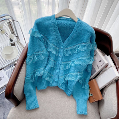 French lace stitching V-neck knitted cardigan 2022 autumn and winter new short design sweater super fairy top women