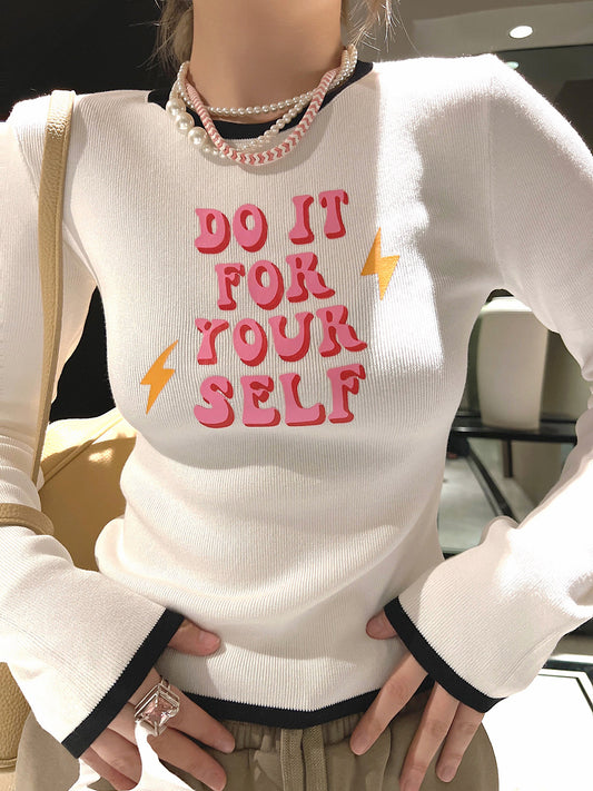 Thebestxue Korean version of the letter tight white early autumn women's knitted sweater bottoming shirt 2022 new long-sleeved top