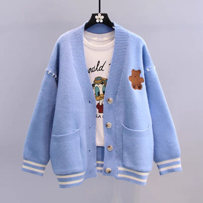 Japanese cartoon bear sweater jacket women's winter 2022 new loose design college style knitted cardigan