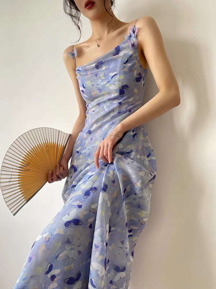 Aconiconi｜Butterfly between flowers French romantic high-end slim-fit temperament print design sense niche suspender skirt