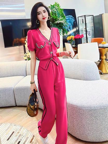 Feijie custom fashion western style suit 2022 summer new women's casual top loose wide-leg pants two-piece set 1132