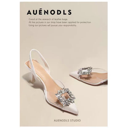 AUENODLS nude apricot transparent square buckle back empty stiletto toe sandals professional interview pointed high-heeled shoes women