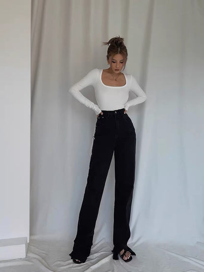 Autumn new style asymmetrical front and rear trousers slit high waist jeans women are thin straight loose mopping trousers women