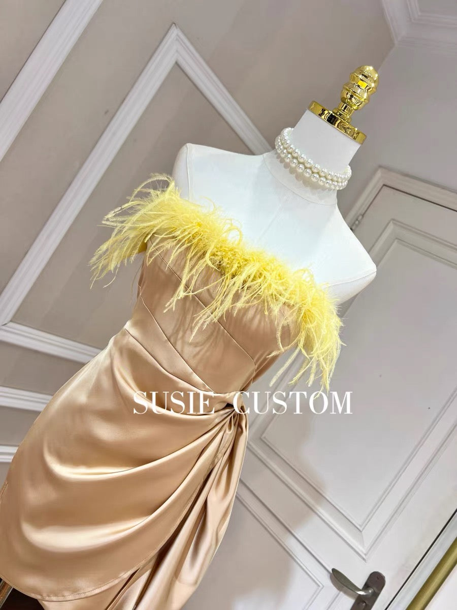 Customized figure-flattering off-the-shoulder strapless feather-stitched satin pleated hip-packed streamer dress