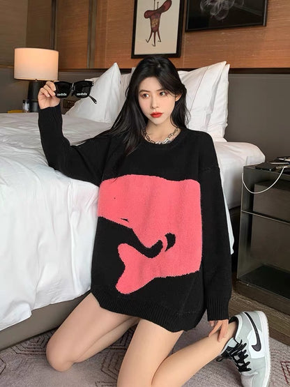 Black cartoon jacquard sweater women's autumn and winter thickened pullover loose fashion all-match medium long lazy style