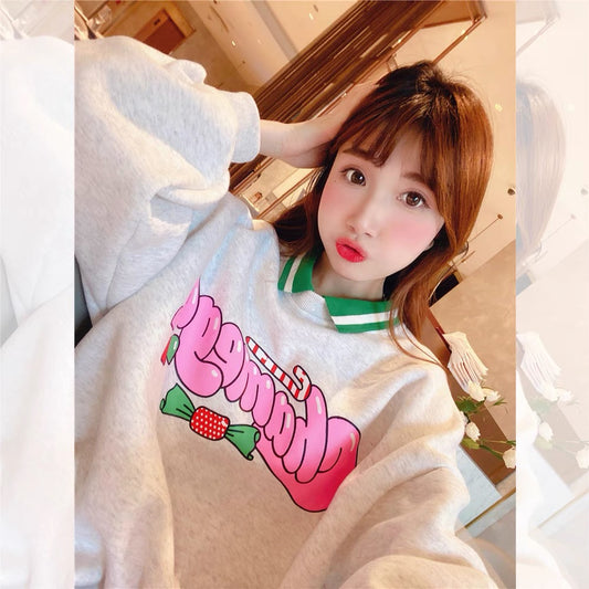 JENNIFER JXLIU Korean winter ~ pink candy with green lapel fake two gray plus velvet sweater