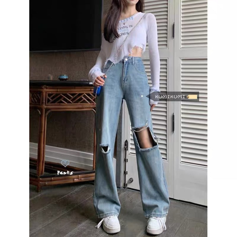 kumikumi fried street pants women's washed retro straight jeans summer high waist loose hole wide leg trousers 1121