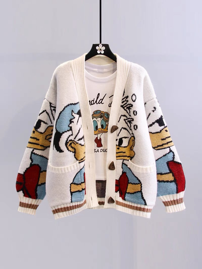 Japanese cartoon sweater jacket women's autumn and winter 2022 new style lazy wind loose outer wear all-match thickened knitted cardigan