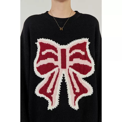 LLL LAB / chic high-end sweater black bow design loose and lazy wind knitted top women 1650