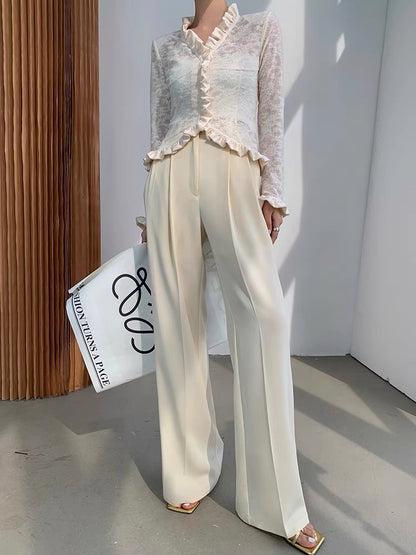 WANGXO vertical vertical tube design sense white casual wide-leg pants summer high waist mopping high-end suit trousers