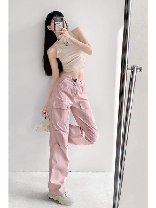 Yuppie hot girl walking the street low waist drawstring pink overalls female ins tide loose American style beamed straight leg wide leg pants