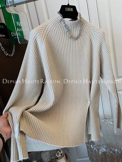 DHR Temperament Half High Collar Button Slit Thick Sweater Bottom Sweater Knitwear Women Loose All-match Slim