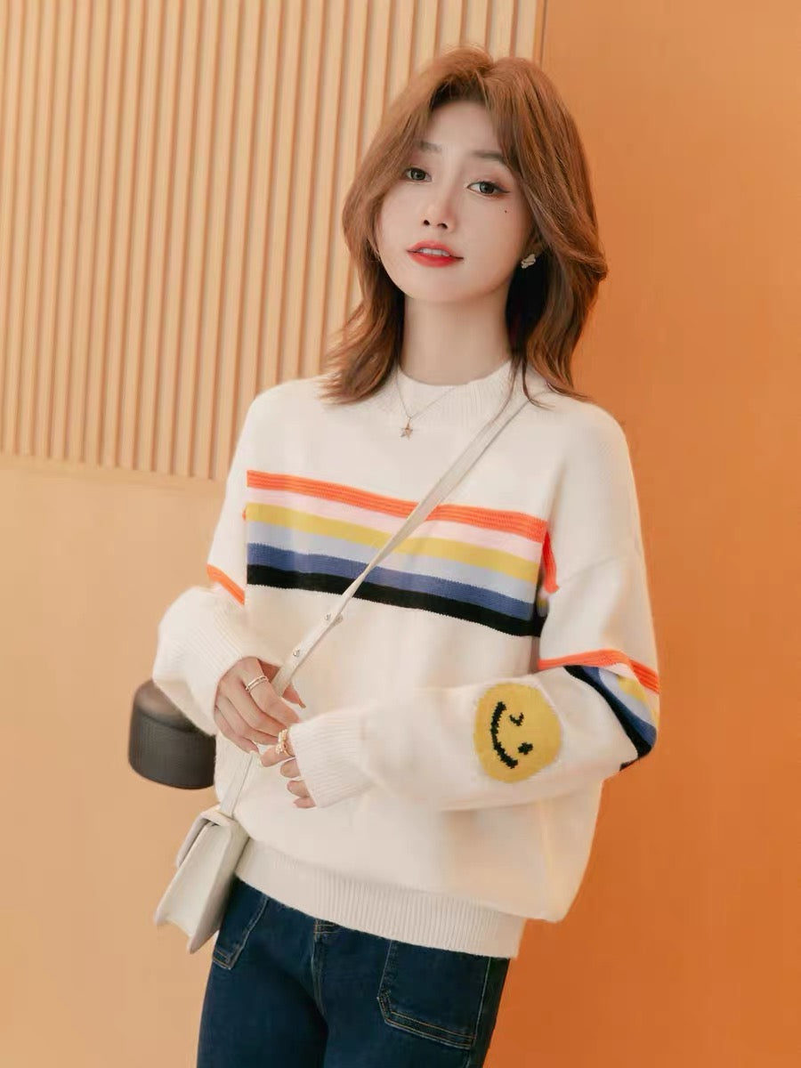 Small grain design round neck striped sweater women's 2022 autumn and winter new small age-reducing knitted long-sleeved top