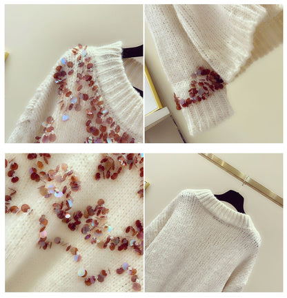 Heavy Industry Sequined Sweater 2021 Autumn and Winter New Products Korean Style Lazy Wind Outerwear Loose Pullover Knitwear Women's Top Trend