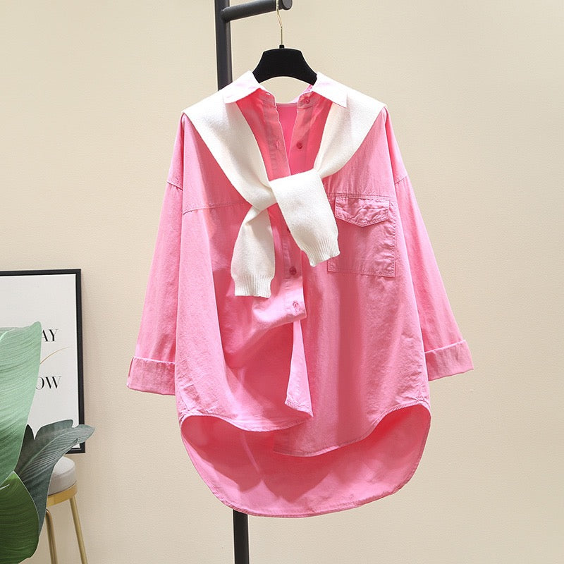 White shawl rose red cotton shirt women 2023 spring new Korean version loose design shirt niche top