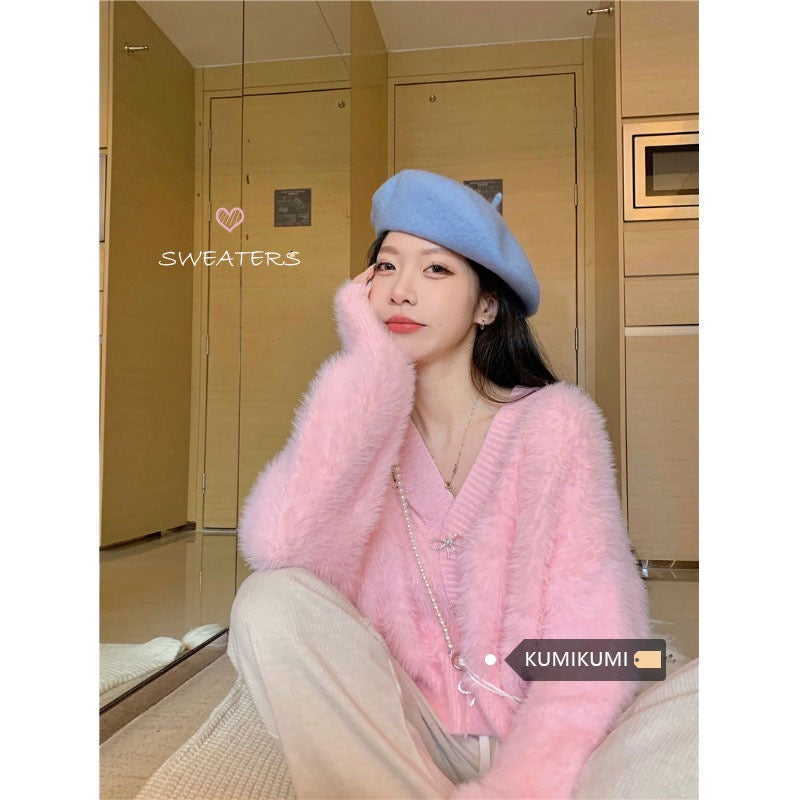 kumikumi pink V-neck lazy wind soft waxy sweater coat women's autumn and winter loose all-match sweater tops